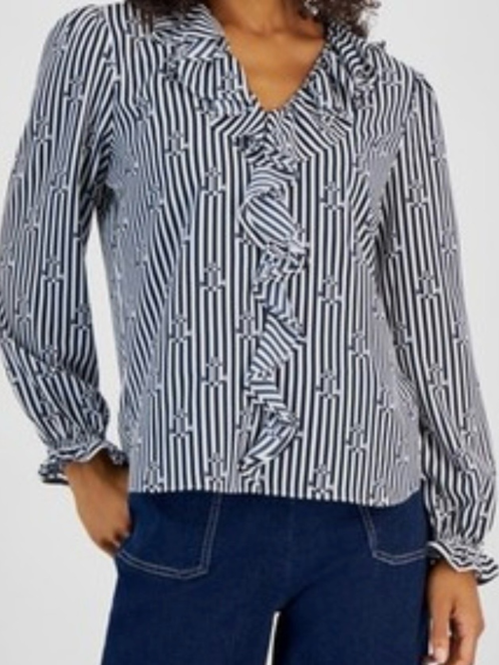 Nautica Women’s Sporty coastal size L Navy and White Striped Ruffle-Front Blouse